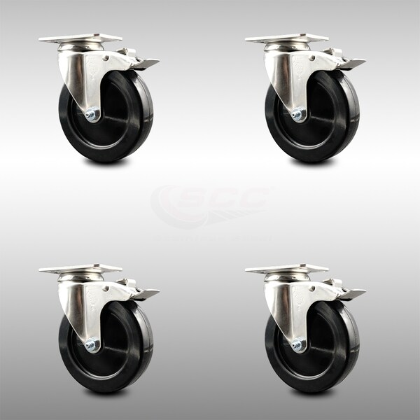 5 Inch 316SS Soft Rubber Swivel Top Plate Caster Set Total Lock Brake SCC